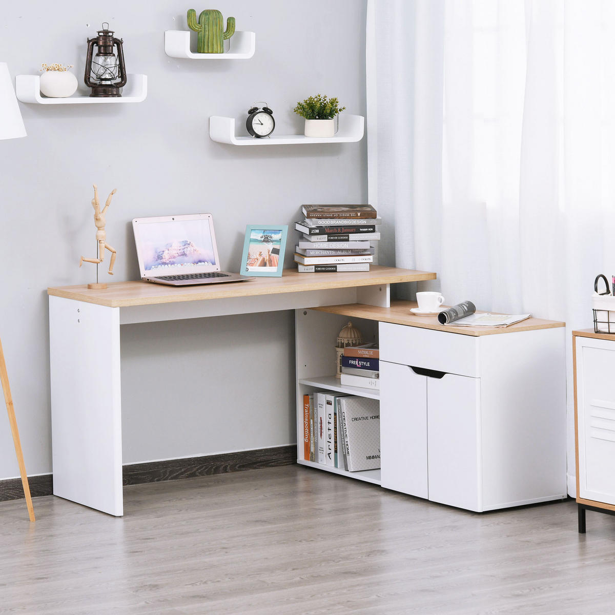 ECKSCHREIBTISCH Weiß und Holzoptik modulbar mit Schublade und Schrank 140/117/76 cm - Weiß, Holz (117/140/76cm) - PANGIVO