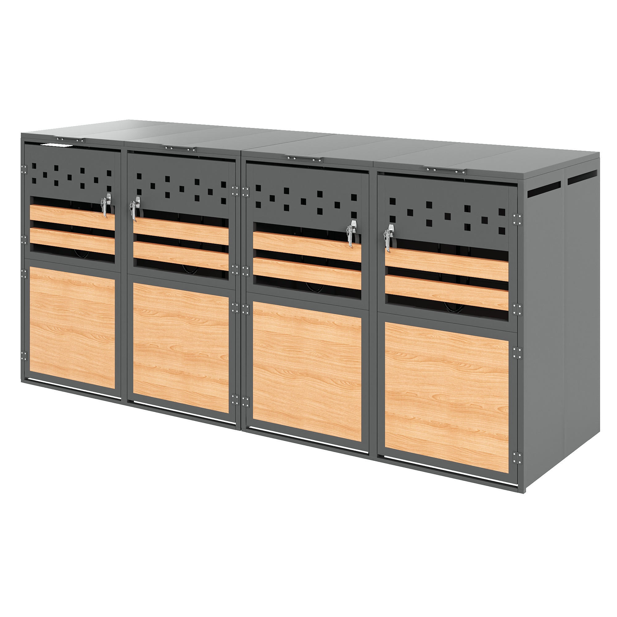 MÜLLTONNENBOX aus Stahl in Grau/Holzoptik mit hydraulischem Klappdeckel - Grau, Metall (264/124.5/80cm) - Modfu