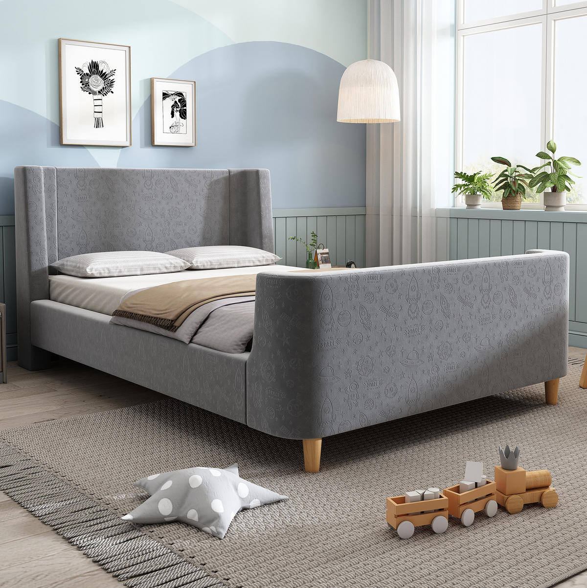 DETSKÁ posteľ 90/200 cm sivá zo zamatu s vesmírnym vzorom a čalúneným čelom - sivá, textil (90/200cm) - OKWISH