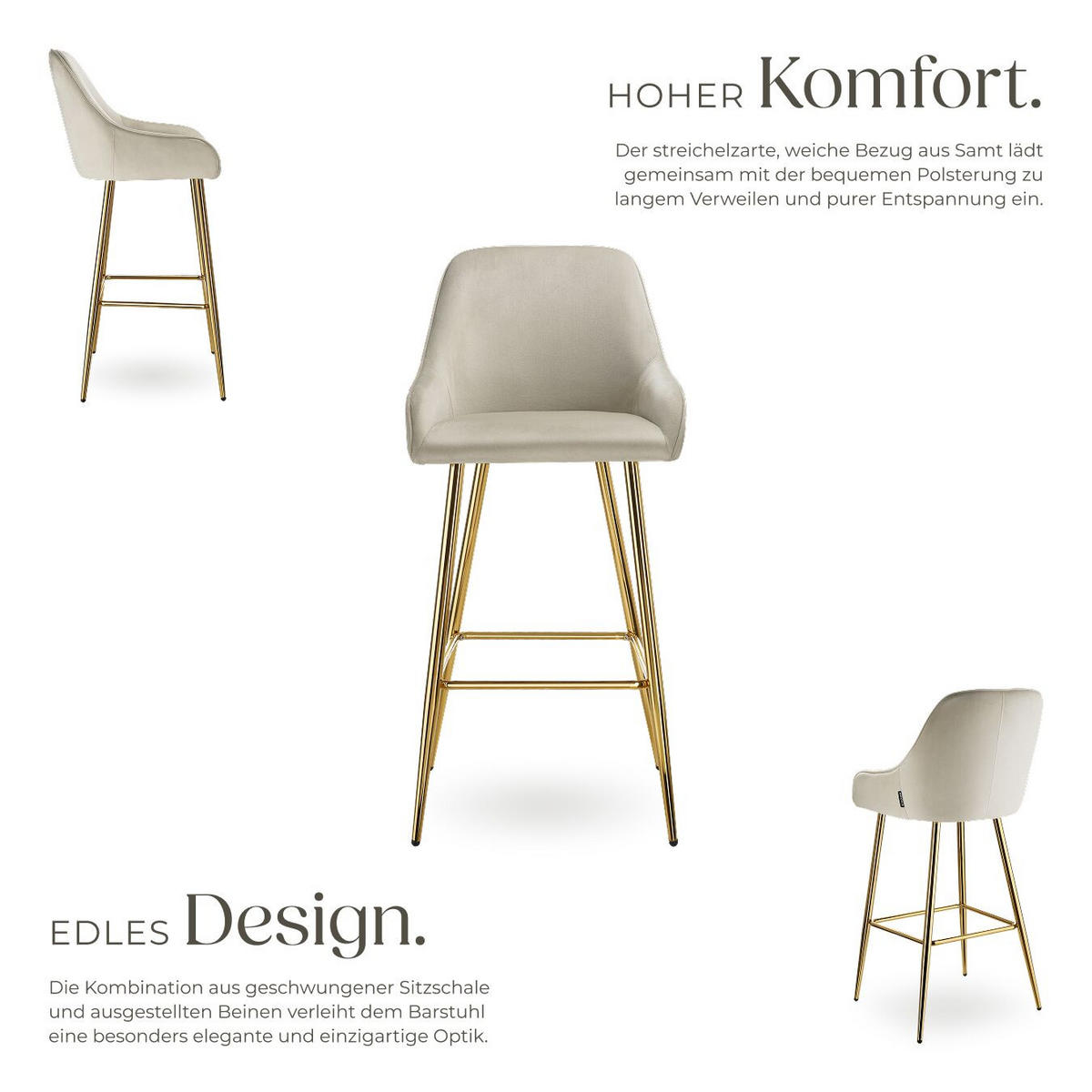 BARSTUHL Avane,48,5 x 57 x 108 cm, Belastbarkeit 120 kg,creme/gold - Goldfarben/Creme, Kunststoff/Textil (48.5/108/57cm) - tectake