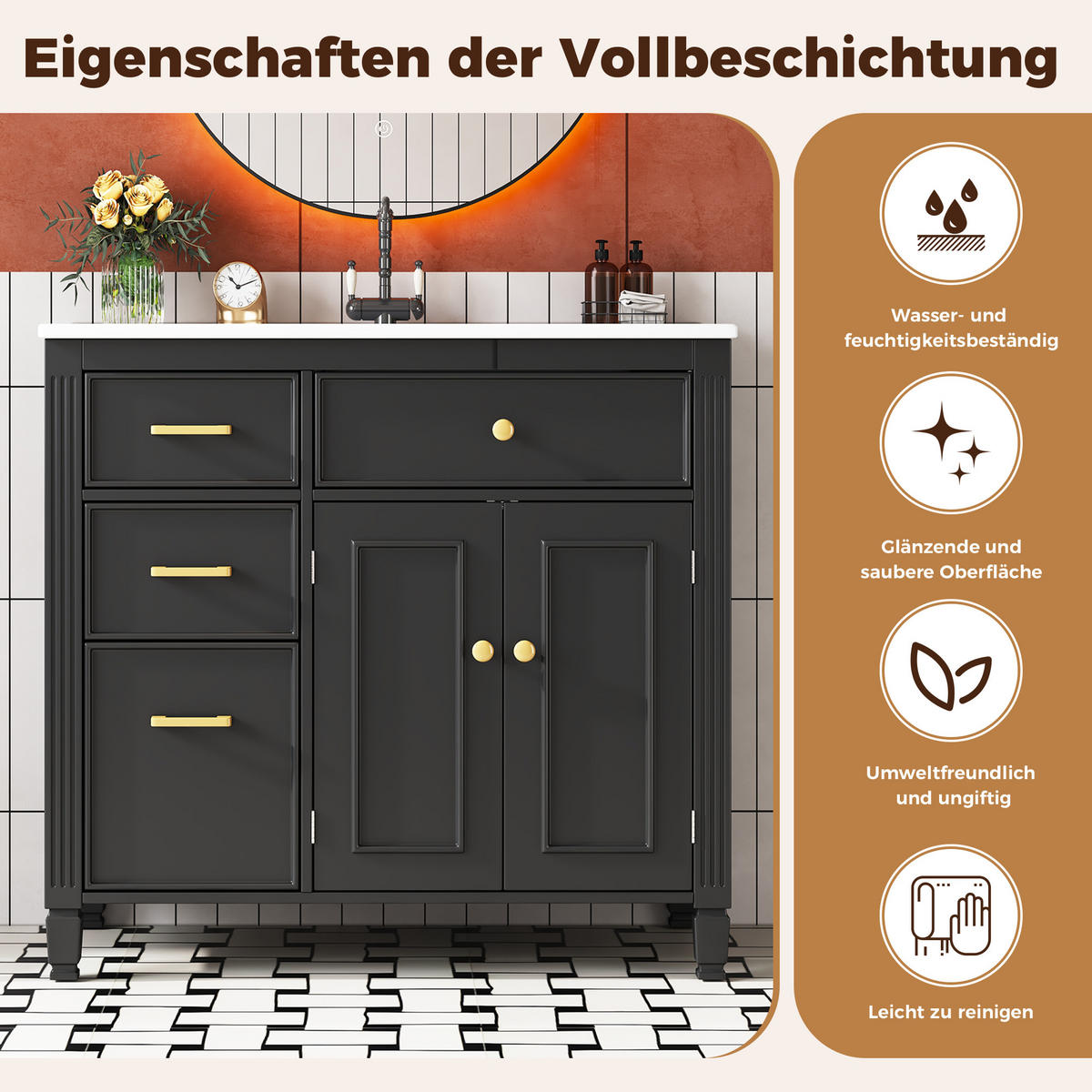 WASCHTISCHKOMBI 91.5/46.5/87 cm Schwarz mit 2 Schubladen, ohne Wasserhahn - Schwarz, Holz/Holzwerkstoff (46.5/87/91cm) - Oxeza