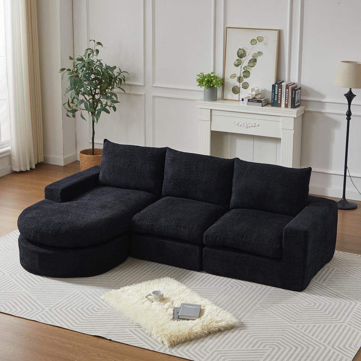 ECKSOFA aus Chenille Schwarz mit verstellbarer Chaiselongue, 4 Modulen und ohne Montage - Schwarz, Textil (250/160cm) - Modfu