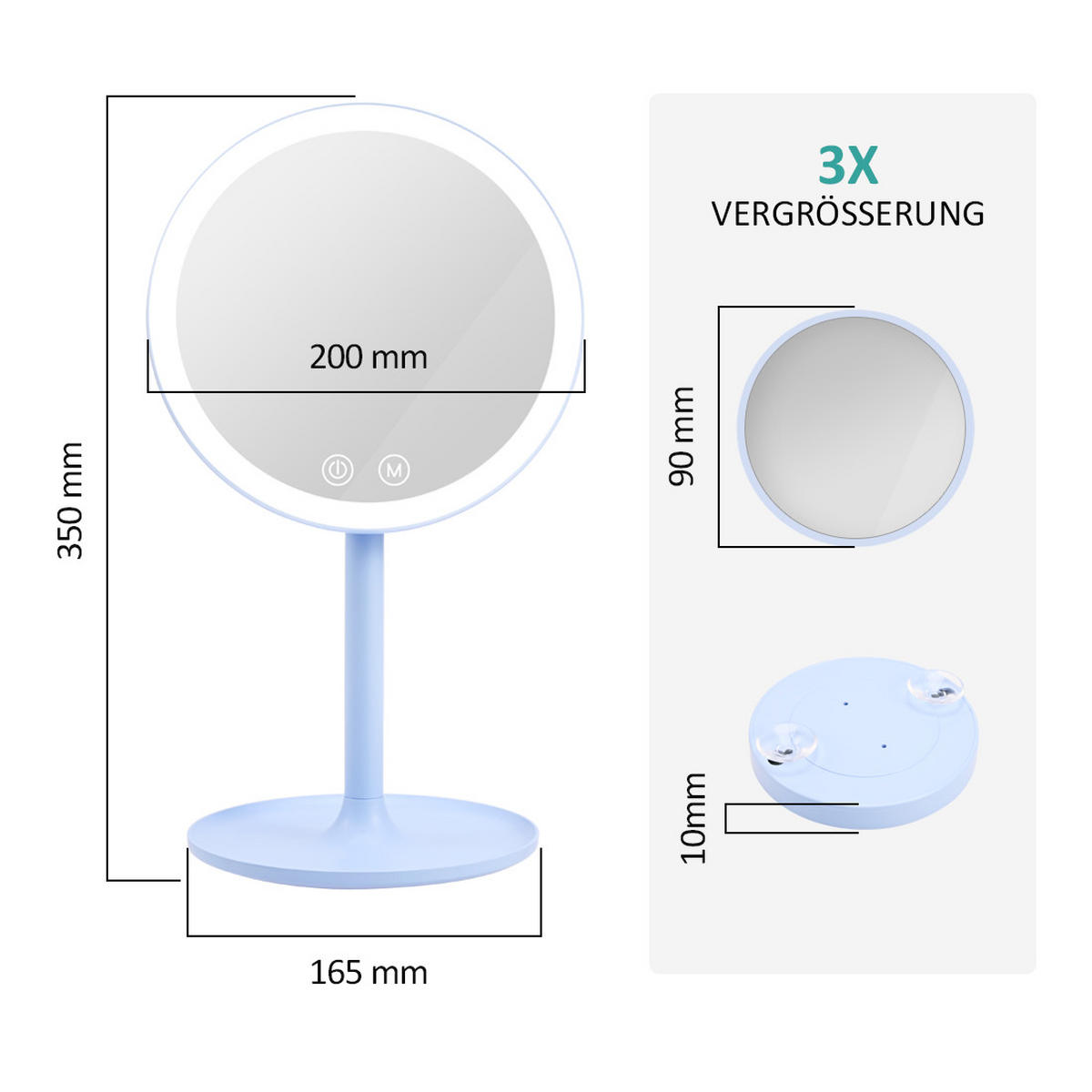 KOSMETIKSPIEGEL mit Licht mit Abnehmbare Saugnapfes, Hellblau, φ20 cm - Blau, Glas (20/35/20cm) - EMKE