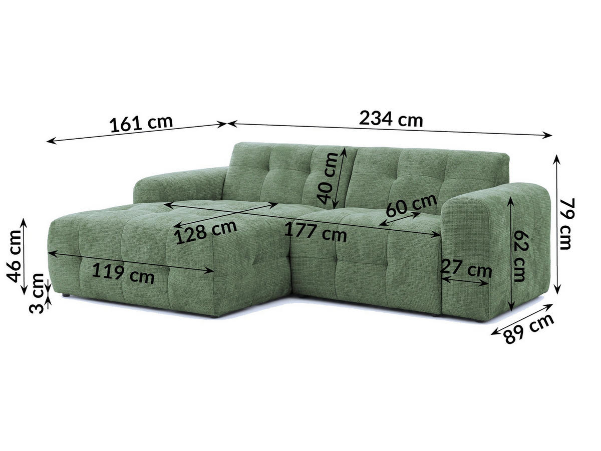 ECKSOFA mit Ottomane links, raffinierten Steppungen, Wellenunterfederung, B234/T161/H79 cm, Chenille-Bezug in Grün / 21040 - Schwarz/Grün, Kunststoff/Textil (234/79/161cm) - luma-home