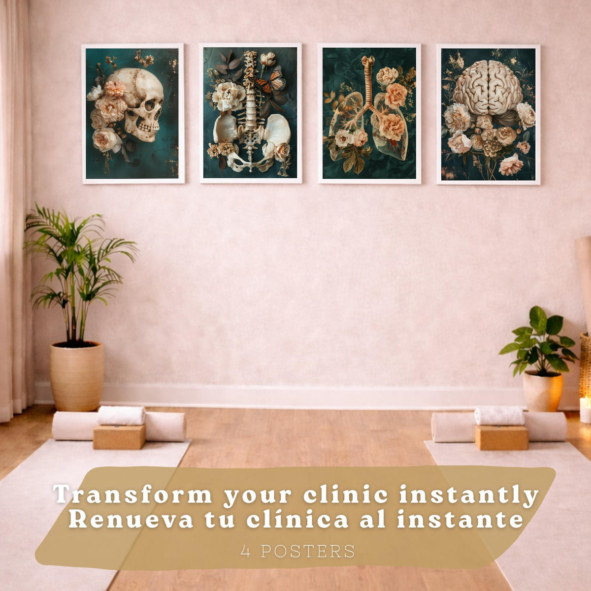 POSTER Set aus 4 Anatomie Mensch Drucke und mit Schädel Gehirn Lungen Luftröhre Bronchien Becken Wirbelsäule Florales Größe Weißer Rahmen A3 - Weiß, Papier (29.7/42/3cm) - Nacnic