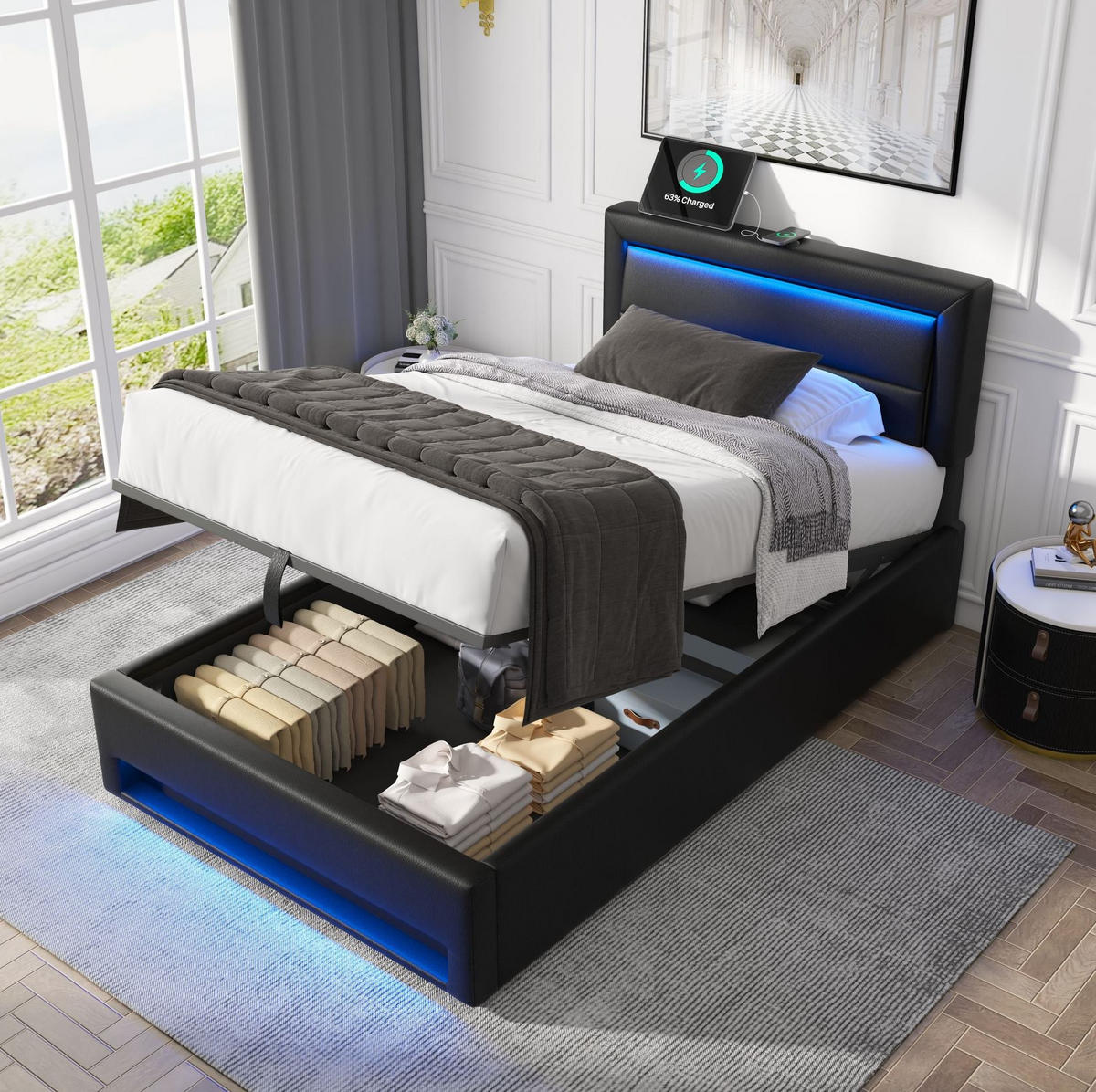 POLSTERBETT aus PU 90x190 cm Schwarz mit Stauraum, LED-Beleuchtung und USB-Ladefunktion - Schwarz, Kunststoff (90/190cm) - IVMEU