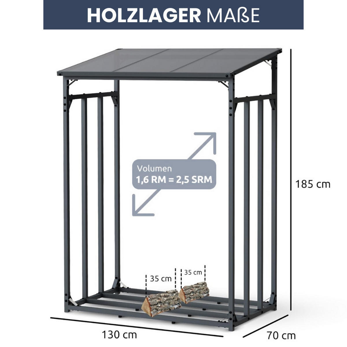 KAMINHOLZREGAL Außen mit Dach ELOS 130x70x185 cminkl. Ofenhandschuh - Anthrazit, Metall (130/185/70cm) - DELUKE