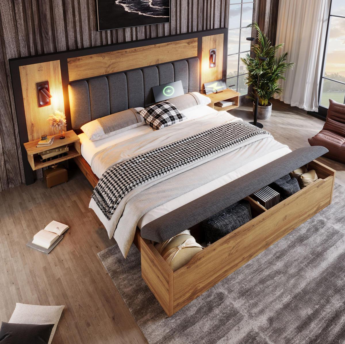 ČALÚNENÁ posteľ z kovu, MDF a ľanu 180x200 cm dubová s LED čítacím svetlom, USB-C a úložnou lavicou - farba duba, kov (180/200cm) - Modfu