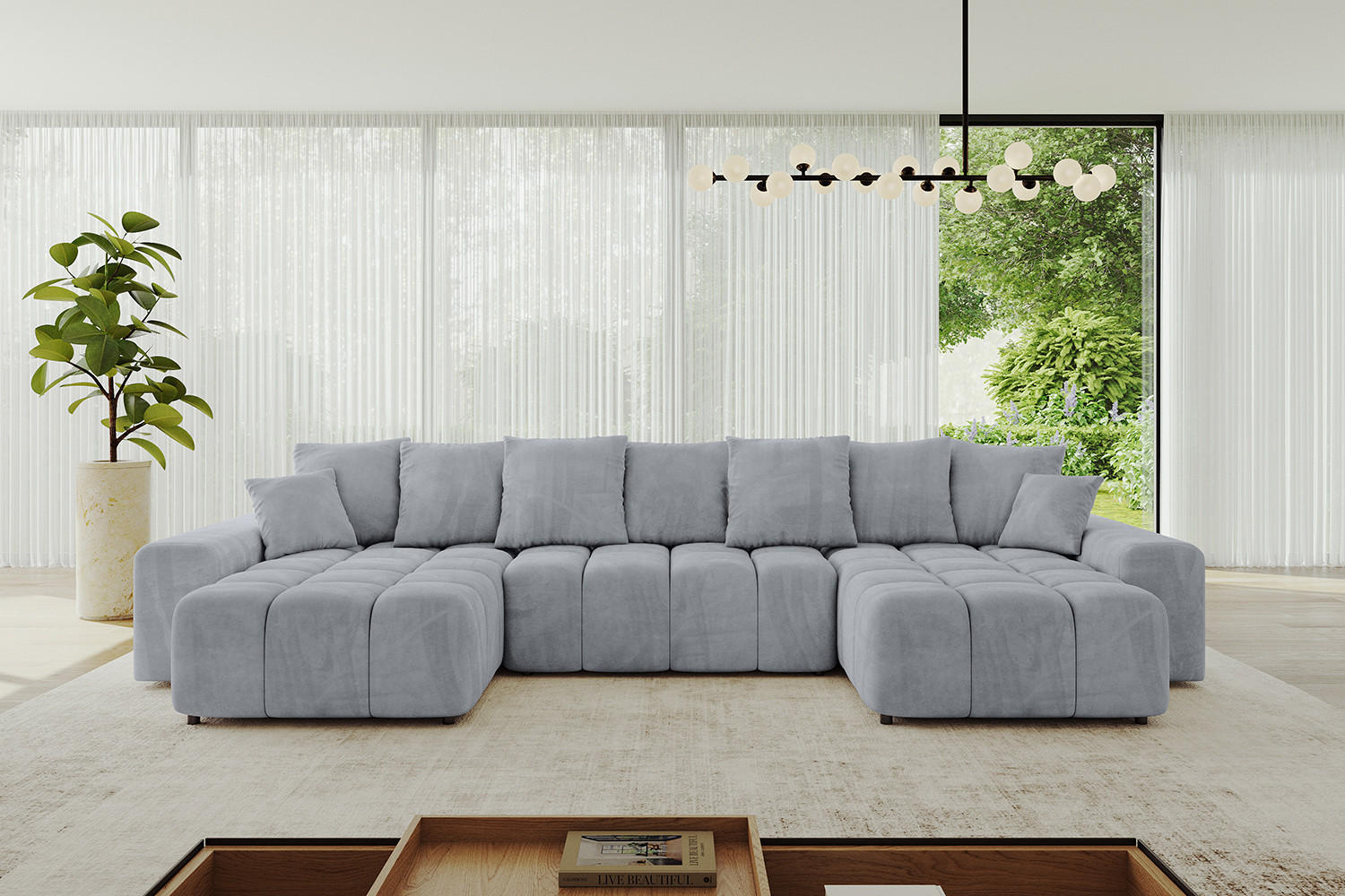 WOHNLANDSCHAFT ENIL-U 390x175x84 Hellgrau Velours - Hellgrau, Holzwerkstoff/Kunststoff (390/84/175cm) - ALTDECOR