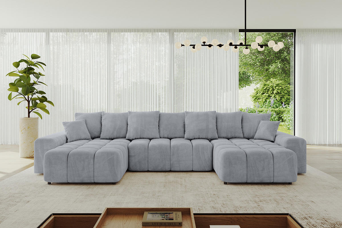 WOHNLANDSCHAFT ENIL-U 390x175x84 Hellgrau Velours - Hellgrau, Holzwerkstoff/Kunststoff (390/84/175cm) - ALTDECOR