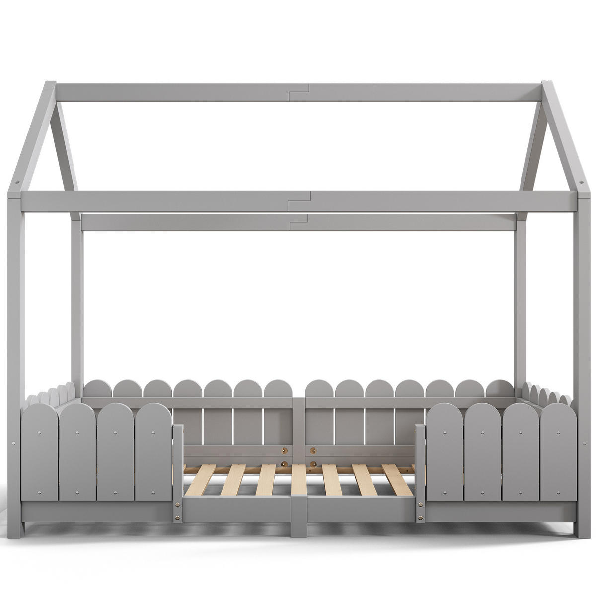 DĚTSKÁ postýlka 90/200 cm s domečkovým designem, zábranou proti pádu a lamelovým roštem, Šedá - šedá, dřevo (90/90cm) - Redom