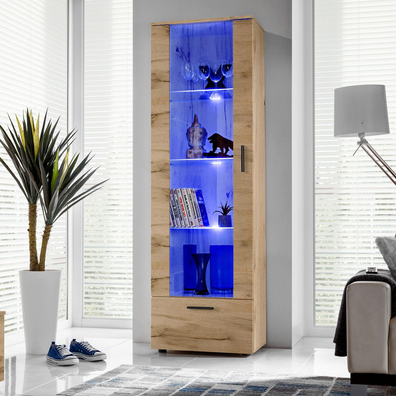 VITRINE ALESSANDRIA, Wotan, LED Blau - Eiche Wotan/Schwarz, Glas/Holzwerkstoff (60/192/42cm) - Komodee