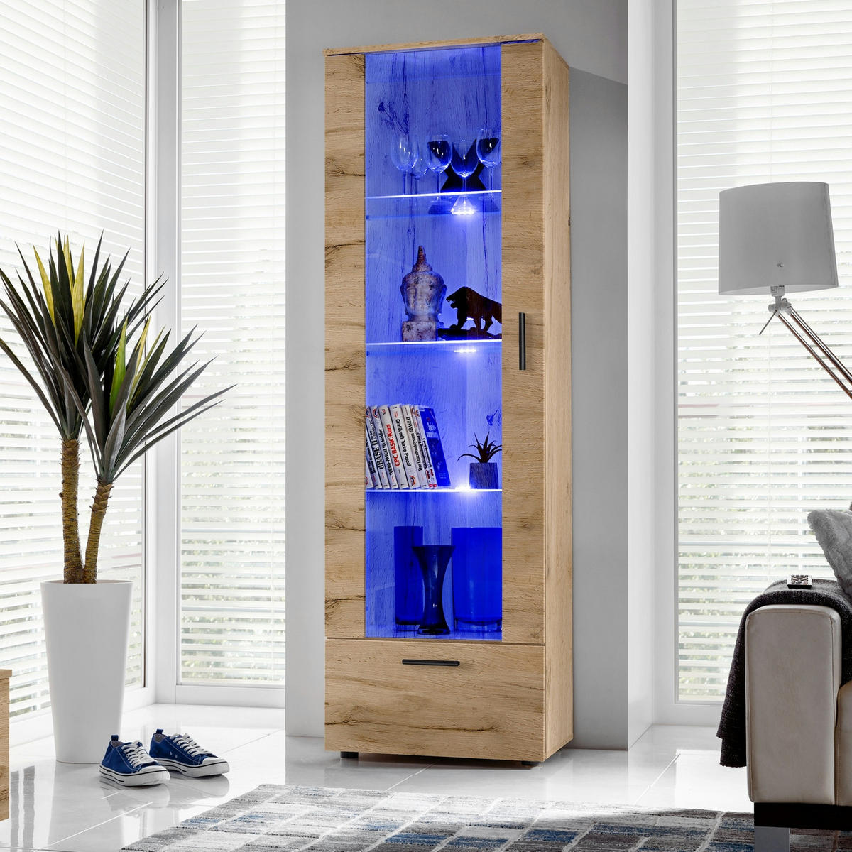 VITRINE ALESSANDRIA, Wotan, LED Blau - Eiche Wotan/Schwarz, Glas/Holzwerkstoff (60/192/42cm) - Komodee