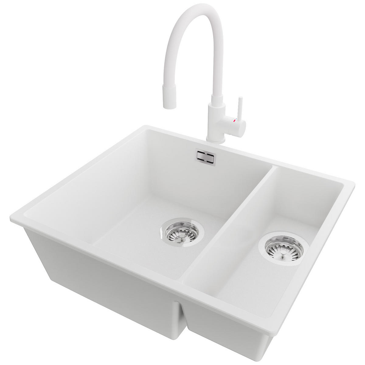 UNTERBAUSPÜLE GRANIT London Duo, 2-er set Weiß 56/47 cm 1,5 Becken + Küchenarmatur 38/14 cm + Ablauf-Set ab 60er Unterschrank - Chromfarben/Weiß, Kunststoff (56/20/47cm) - Primagran