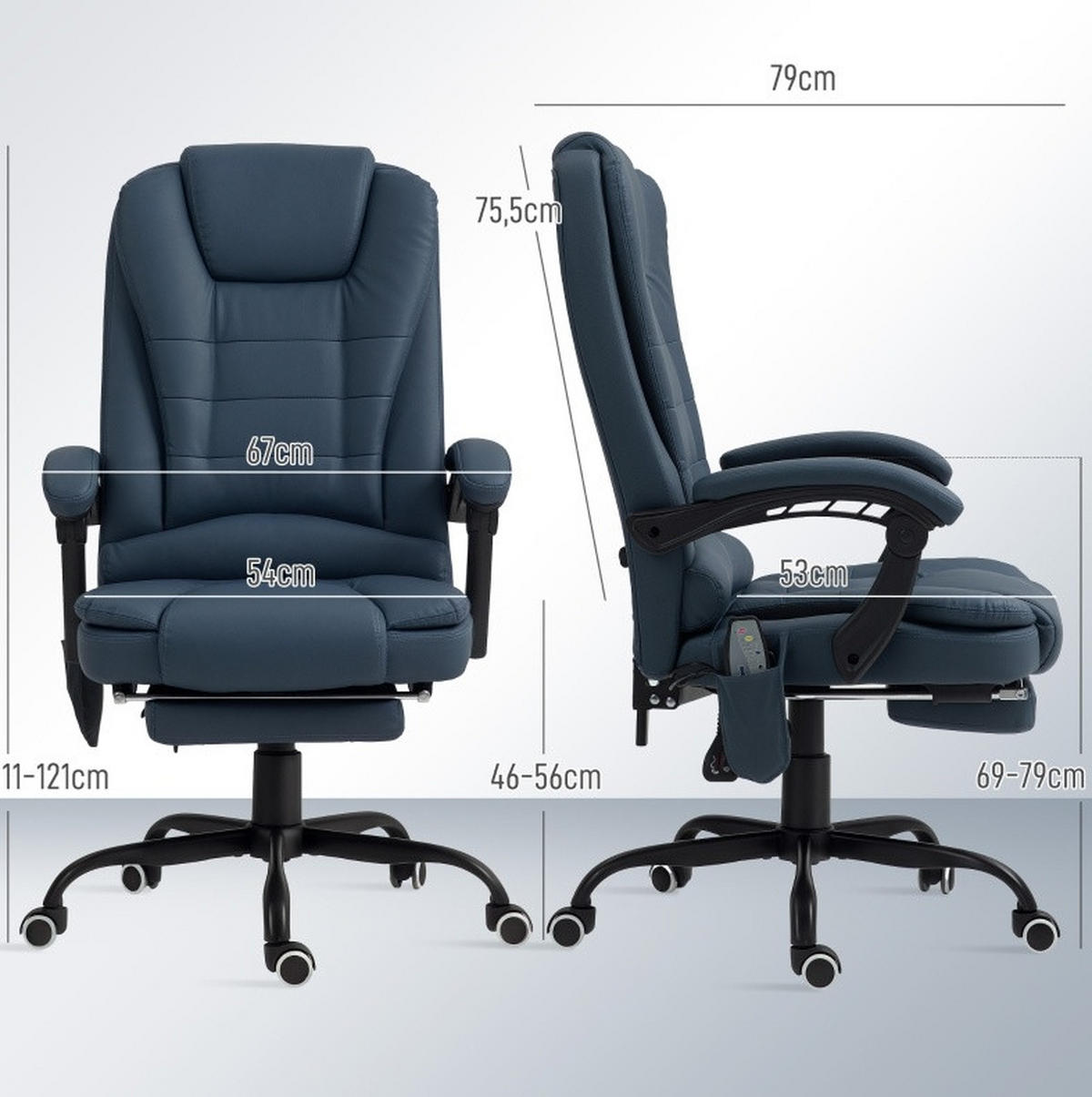 BÜROSESSEL mit Massagefunktion 67 x 67 x 111-121 cm Blau - Blau, Kunststoff (67/121/67cm) - Meubliv