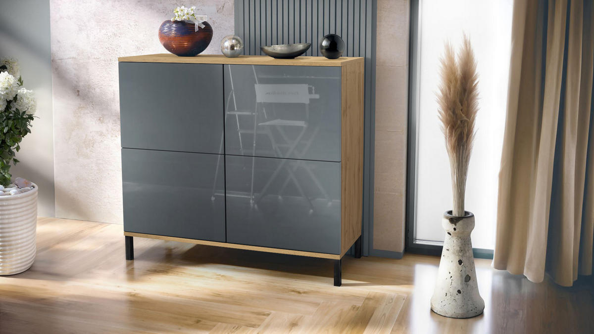 KOMMODE Rova Grau Hochglanz - Grau, Holzwerkstoff (92.5/83.5/35cm) - Vladon