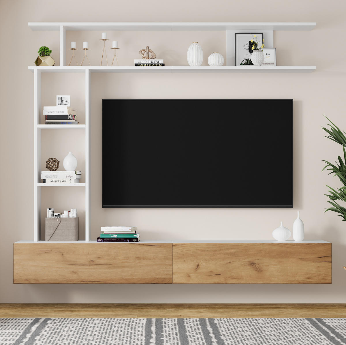 TV-WOHNWAND-SET 180/35/150 cm aus Spanplatte mit stehendem und hängendem Aufbau Weiß/Eichefarben - Weiß, Holzwerkstoff (180/150/35cm) - Modenvie