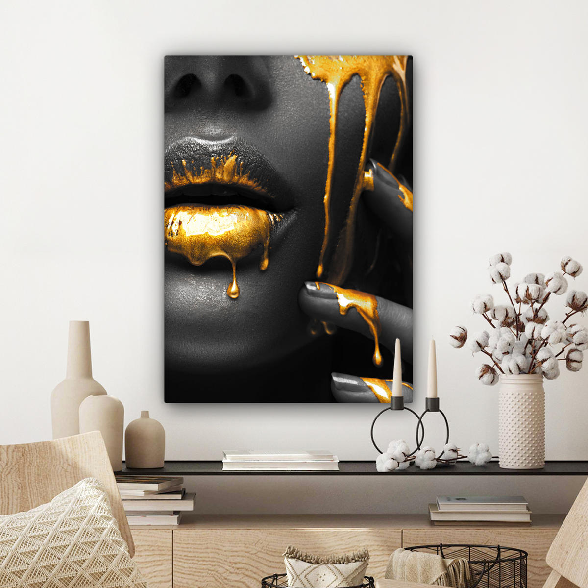 LEINWANDBILD Frau - Schwarz - Gold - Gesicht - Lippen Wandbild Wohnzimmer 60x80 cm - Goldfarben, Textil (60/80cm) - MuchoWow