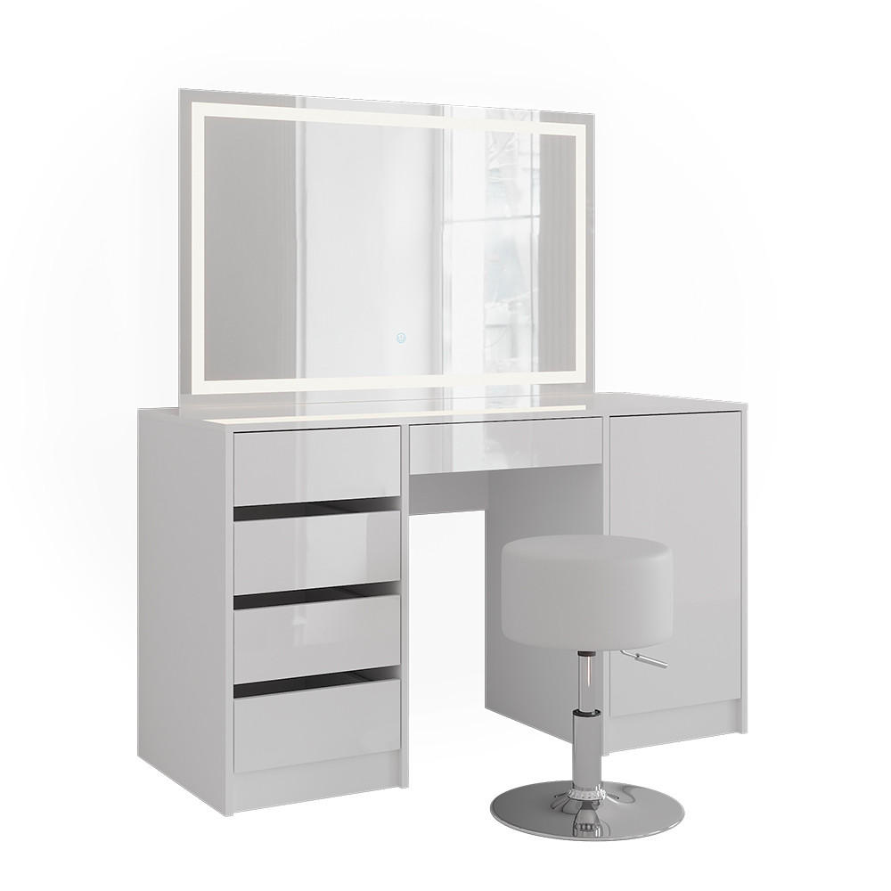 SCHMINKTISCH Sherry Weiß/Weiß Hochglanz 128.2 cm mit LED-Spiegel und Hocker - Weiß Hochglanz, Holzwerkstoff (128.2/76/50.1cm) - Vicco