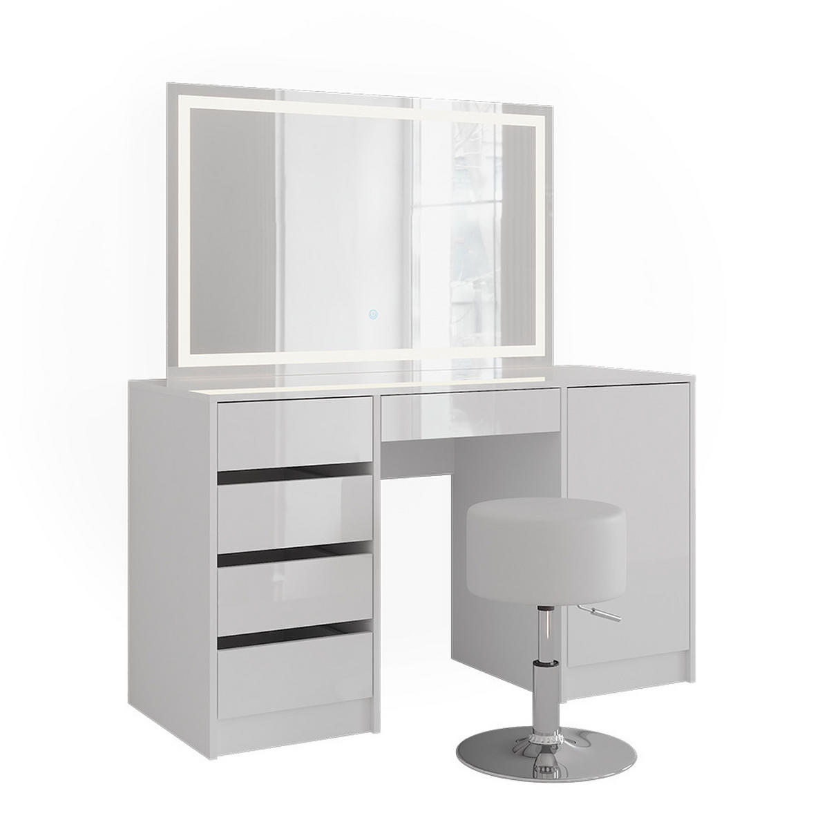 SCHMINKTISCH Sherry Weiß/Weiß Hochglanz 128.2 cm mit LED-Spiegel und Hocker - Weiß Hochglanz, Holzwerkstoff (128.2/76/50.1cm) - Vicco