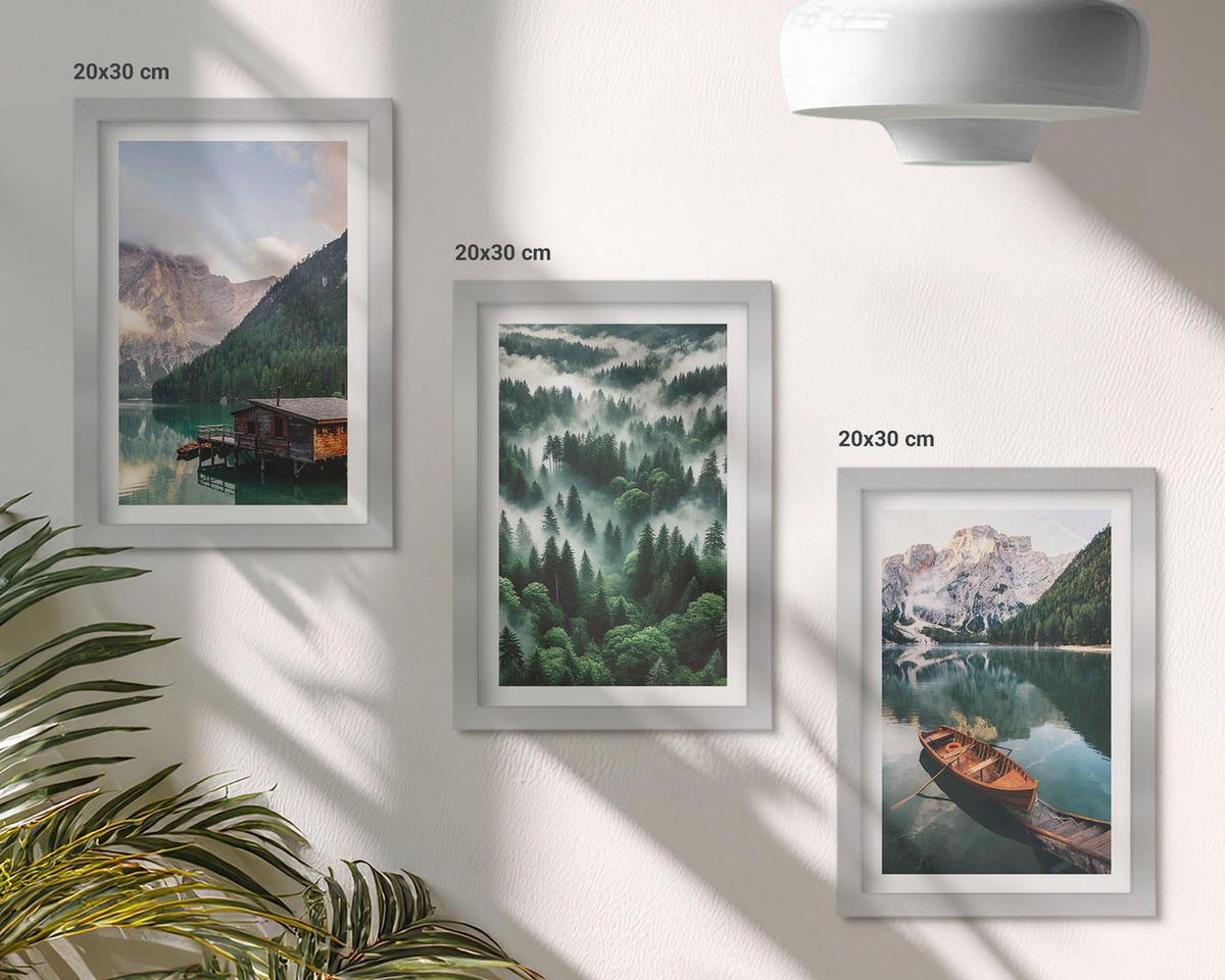 WANDBILDER 3er Set - 20x30 cm Silberner Rahmen - Bergsee, Boot, Waldnebel - Silberfarben, Kunststoff (20/30cm) - ArtPrintCave
