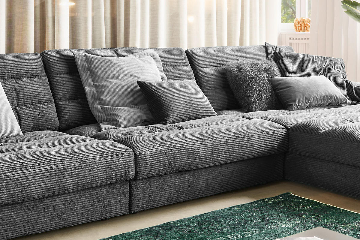 ECKSOFA XL LANA Grau Cord - Schwarz/Grau, Textil (416/205cm) - KAWOLA