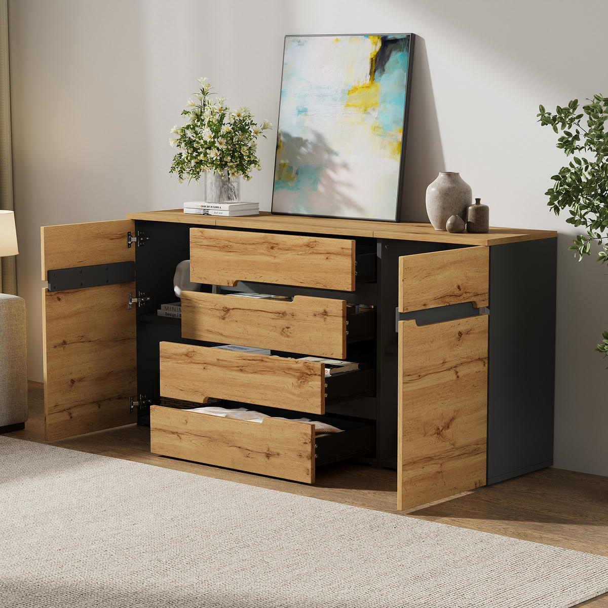 SIDEBOARD 160cm 2 Türen 4 Schubladen Holz Schwarz grifflos modern - Schwarz, Holzwerkstoff (40/80/160cm) - FLIEKS