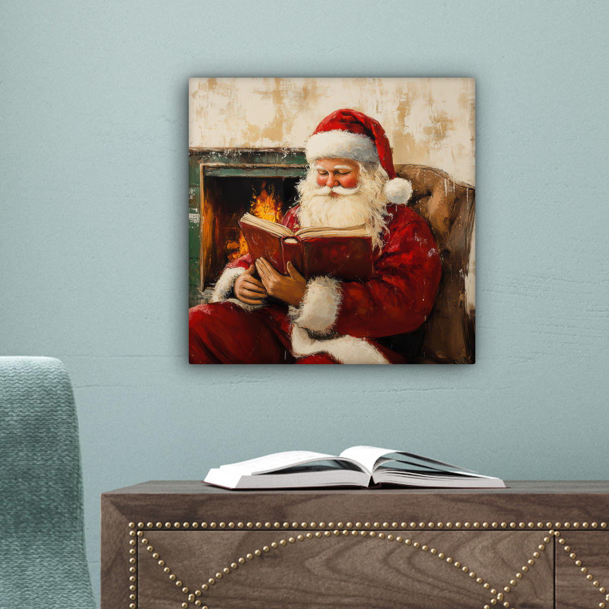 LEINWANDBILD Weihnachten - Weihnachtsmann - Winter - Open Fireside Deko Wohnzimmer 20x20 cm - Dunkelrot, Textil (20/20cm) - MuchoWow