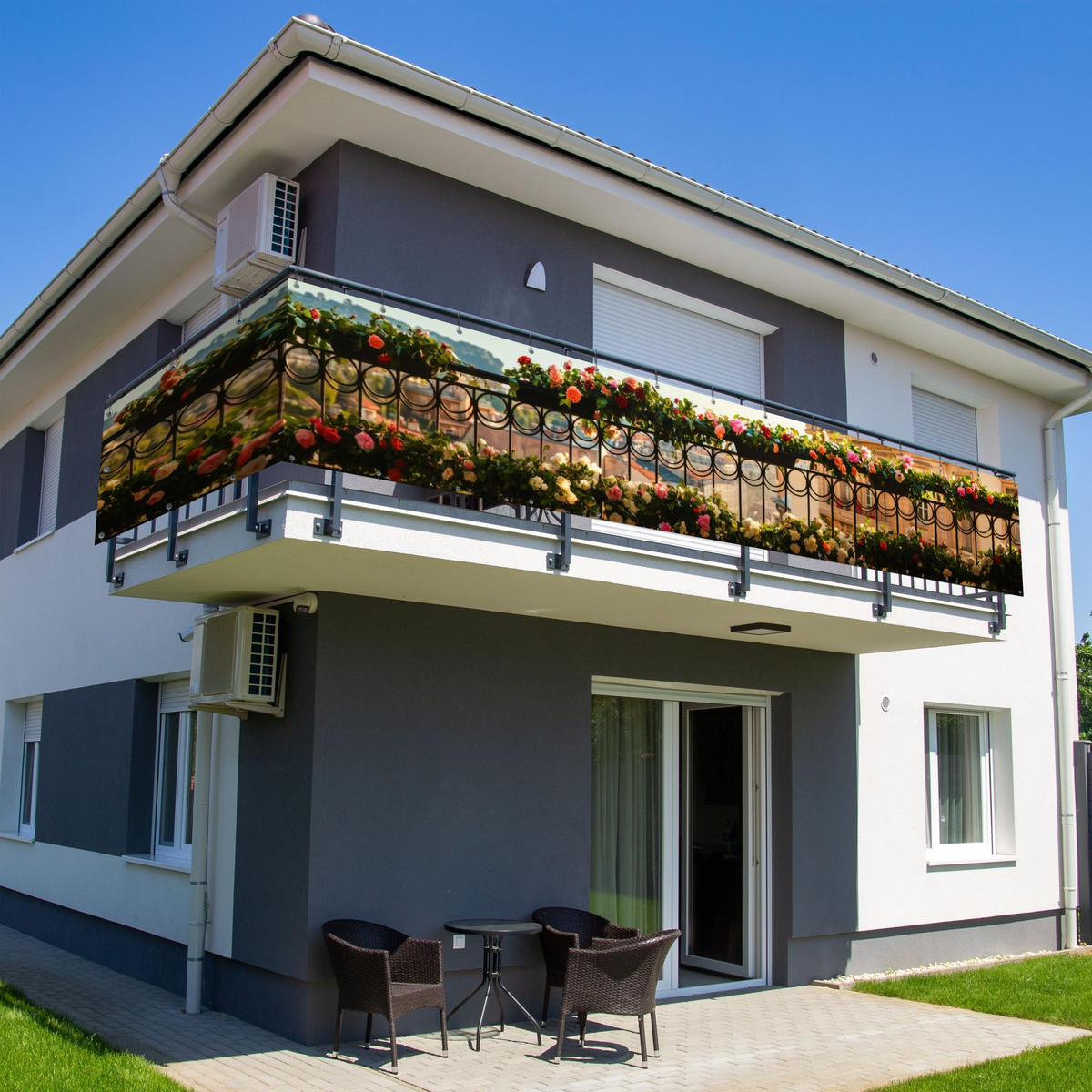 BALKON-SICHTSCHUTZ Blumen - Zaun - Stadtbild - Sommer - Pink, Kunststoff (500/80cm) - MuchoWow