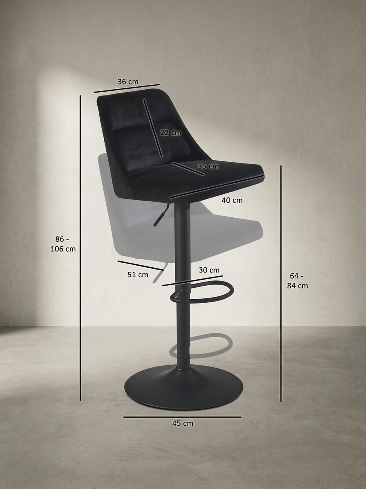 BARHOCKER Samt Lehne Höhenverstellbar Trompetenfuß Gepolstert, Schwarz 45x51x106 cm - Schwarz, Textil/Metall (45/106/51cm) - KADIMA DESIGN