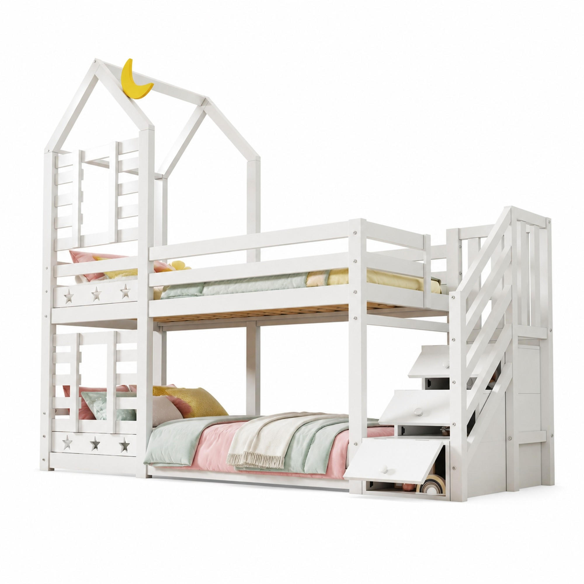 ETAGENBETT 90/200 mit Schubladen, Stauraumtreppe und Rausfallschutz in Weiß - Weiß, Holzwerkstoff (90/200cm) - EVRYAE