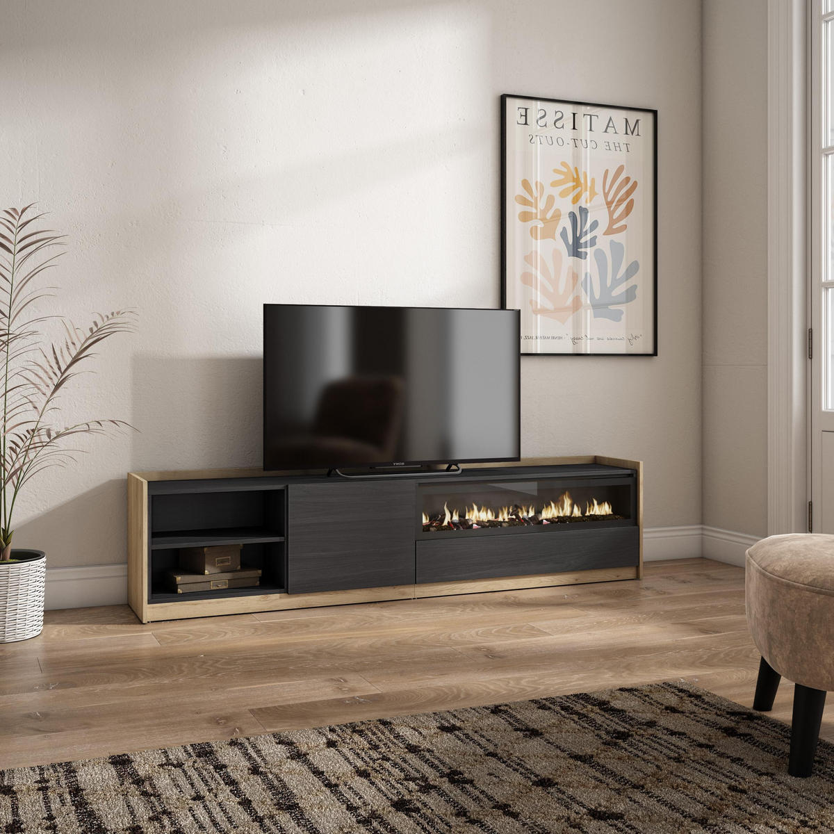 TV-SCHRANK, Lowboard, Schwarz Eiche, Elektrokamin, 207/37/50cm - Schwarz, Holzwerkstoff (207/50/37cm) - Skraut Home