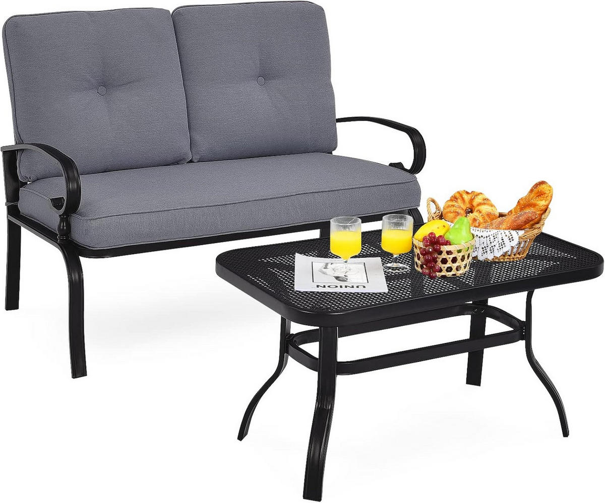 GARTENBANK 2-Sitzer mit Couchtisch Grau - Grau, Metall - COSTWAY