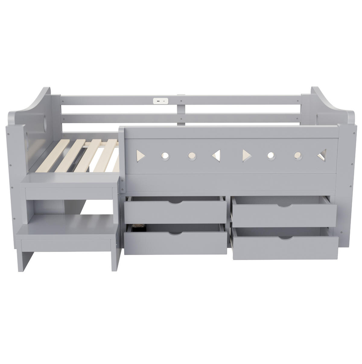 KINDERBETT Holz 90x200 cm Grau mit Stauraum, Sicherheitsgitter, LED, USB & Typ-C - Grau, Holz (90/200cm) - Modfu