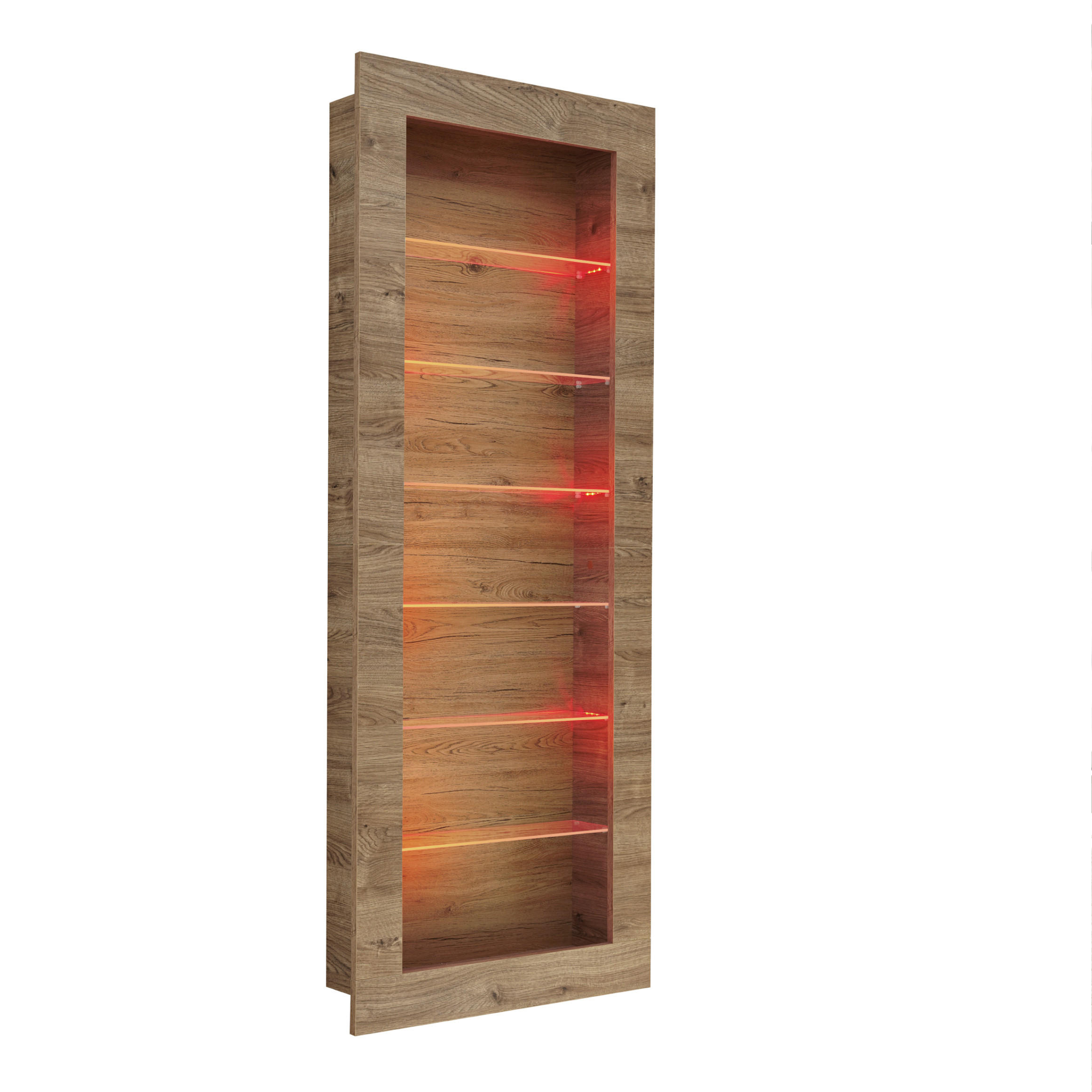 HÄNGEVITRINE COMO, sechs Glasböden, LED mehrfarbige Beleuchtung, Honigeiche/Trüffeleichefarben - Honigeiche/Trüffeleichefarben, Glas/Holzwerkstoff (71/178/19cm) - Komodee