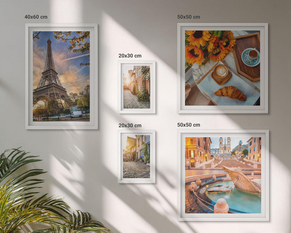 WANDBILDER 5er-Set - 50x50 cm & 20x30 cm & 40x60 cm Weißer Rahmen - Charmante Straßen mit Kaffee - Weiß, Kunststoff (40/60cm) - ArtPrintCave