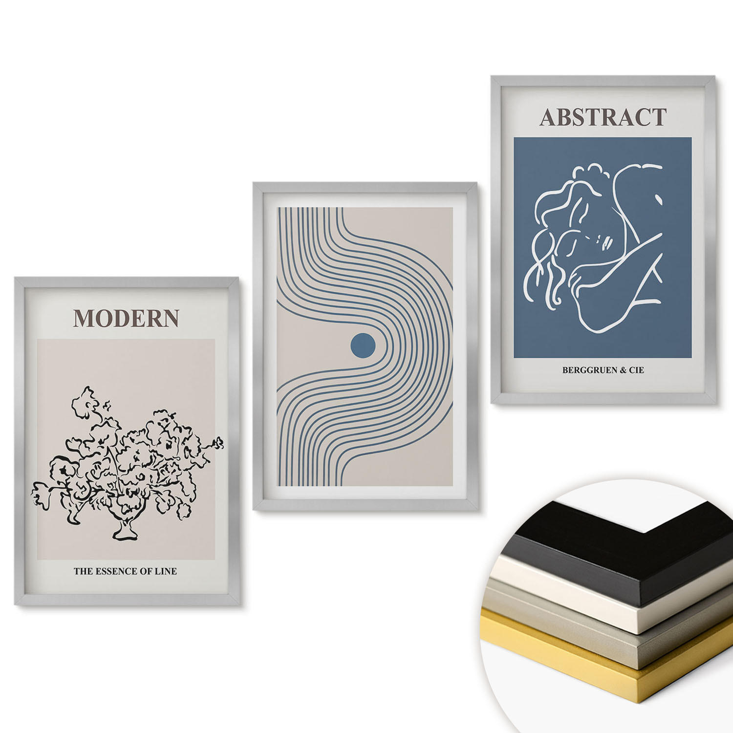 WANDBILDER 3er Set - 40x60 cm Silberner Rahmen - abstrakte Poster mit Blumenlinien - Silberfarben, Kunststoff (40/60cm) - ArtPrintCave