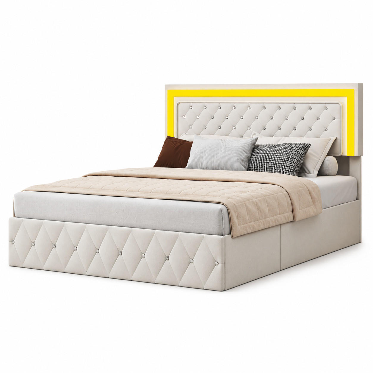 POLSTERBETT 160/200 cm mit LED-Beleuchtung & Bettkasten, Chesterfield-Knopfteppich Samtbezug, Stauraumbett mit Hydraulik - Beige, Holz/Metall (160/200cm) - Joyfair