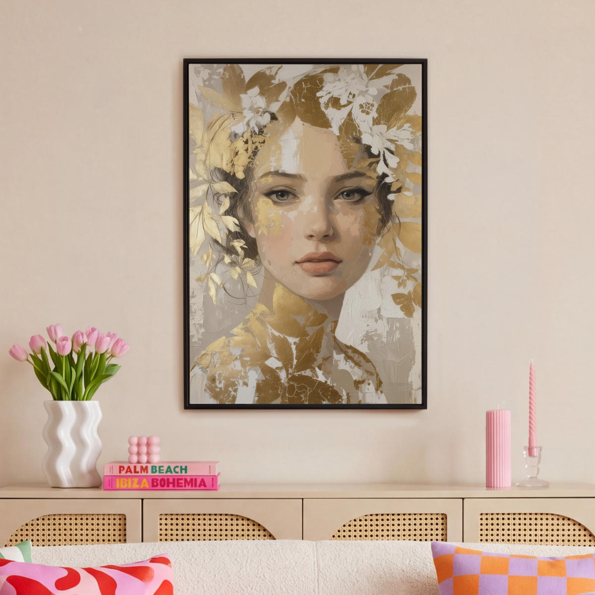 LEINWAND Bilder mit Rahmen - Gesicht - Frau - Blätter - Gold - 60x90 - Beige, Textil (60/90cm) - MuchoWow