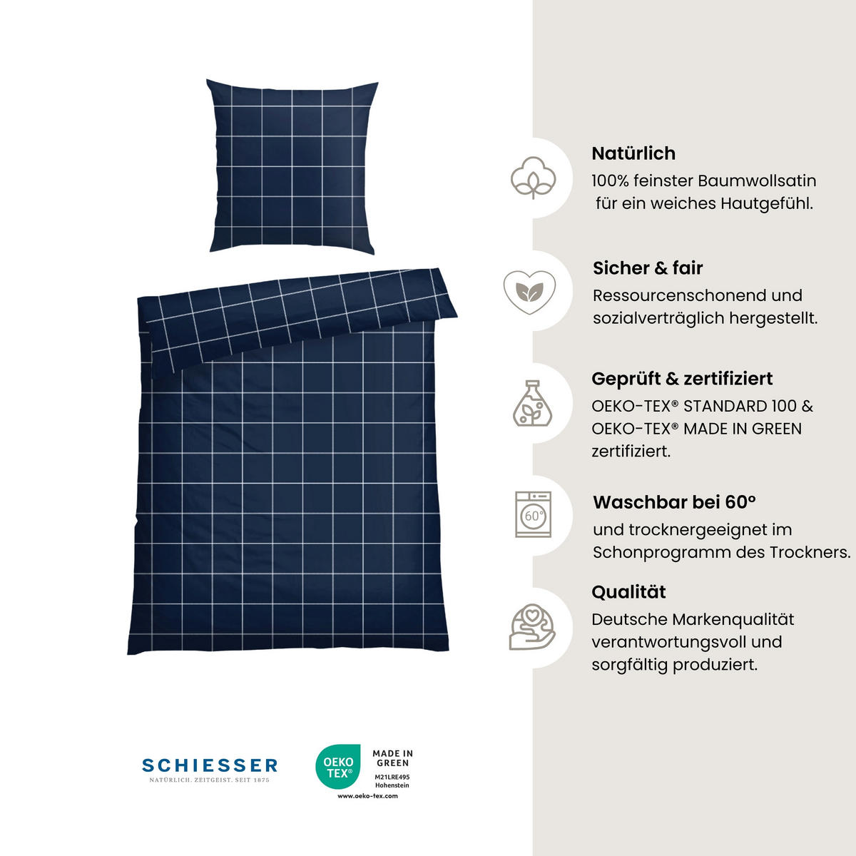 BETTWÄSCHESET Josh - Baumwollsatin - 2-teilig - 135 x 200 cm - Dunkelblau - Dunkelblau, Textil (135/200cm) - SCHIESSER