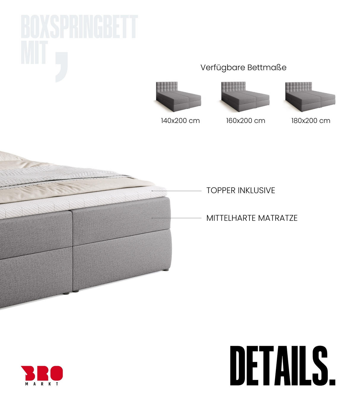BOXBETT Detroit mit Topper 160/200 Grau - Grau, Textil (160/200cm) - Bromarkt