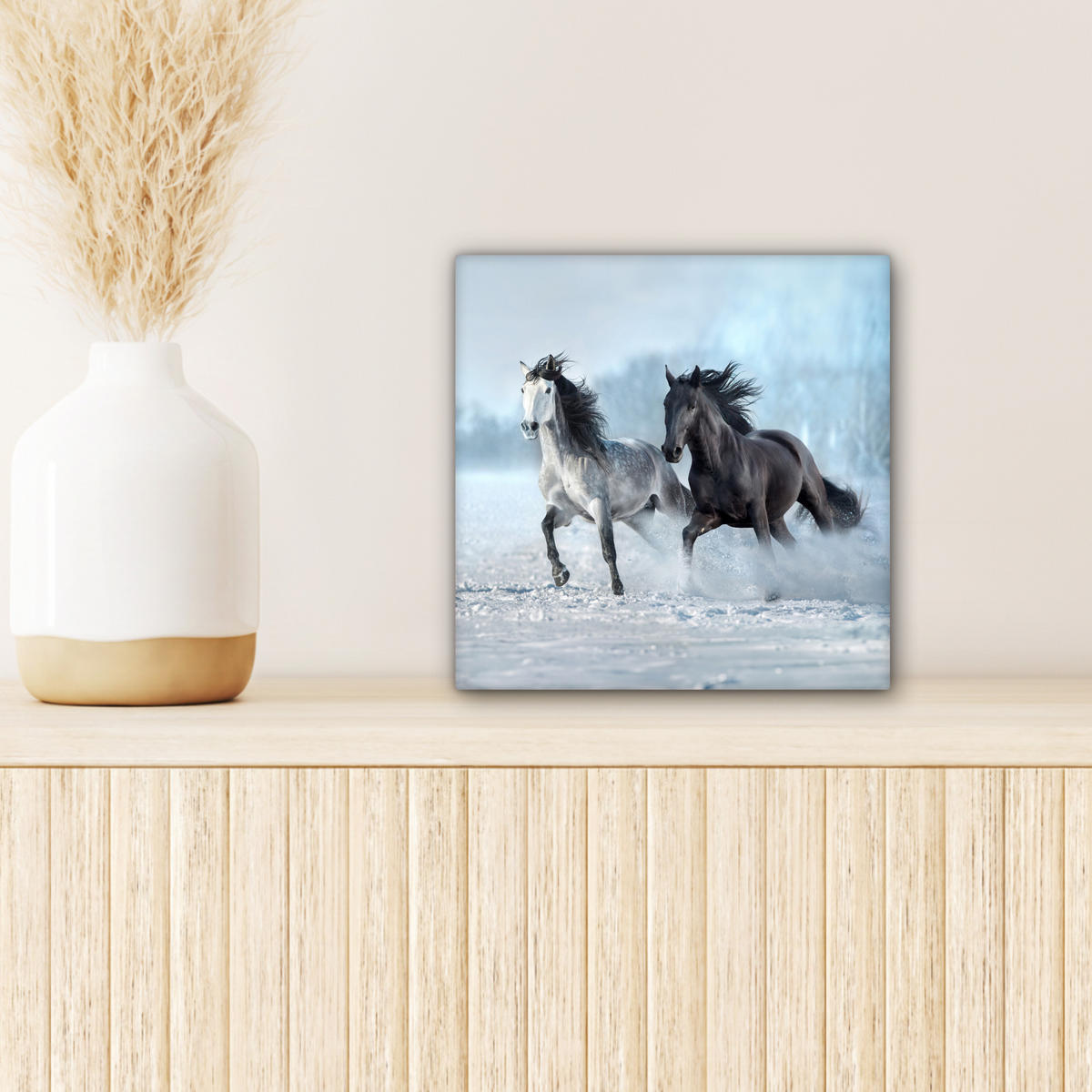 LEINWANDBILD Pferde - Winter - Tiere - Natur - Schnee Deko Wohnzimmer 20x20 cm - Anthrazit, Textil (20/20cm) - MuchoWow