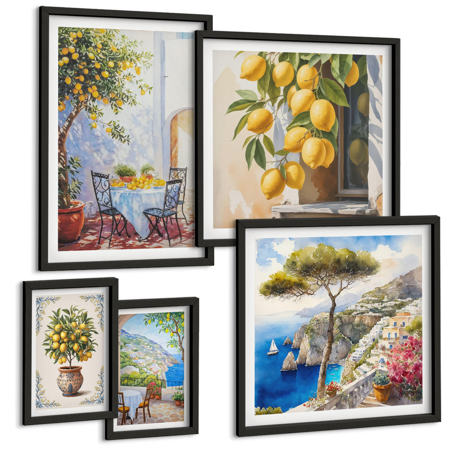 BILDER SET 5er Set - 50x50 cm & 20x30 cm & 40x60 cm Schwarzer Rahmen - Abstrakte Kranichberge - Schwarz, Kunststoff (40/60cm) - TULUP