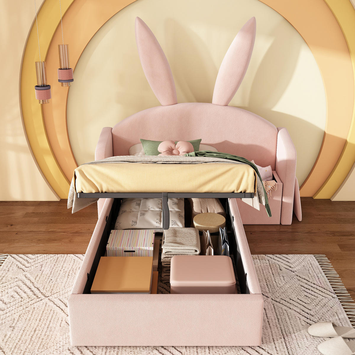 KINDERBETT 90/190 cm aus Samt mit Stauraum und montierbarem Nachttisch Rosa - Rosa, Textil (90/190cm) - Modenvie