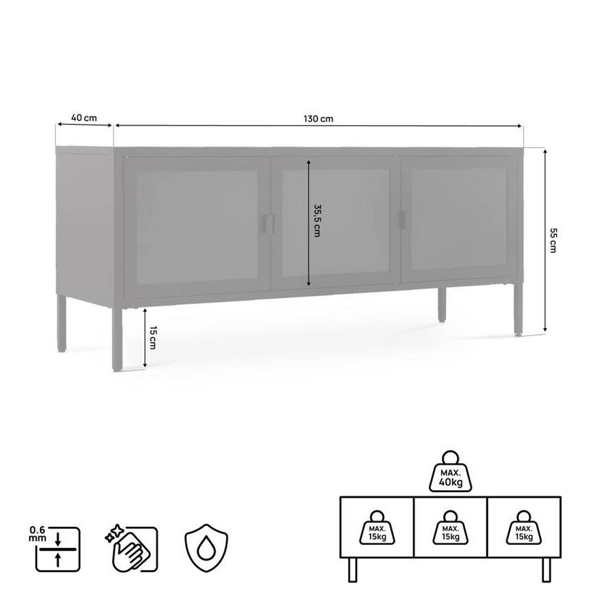 TV-LOWBOARD Metall 130cm 3 Türen, Schwarz und Sicherheitsglas EZRA - Schwarz, Metall (130/55/40cm) - Sicaan