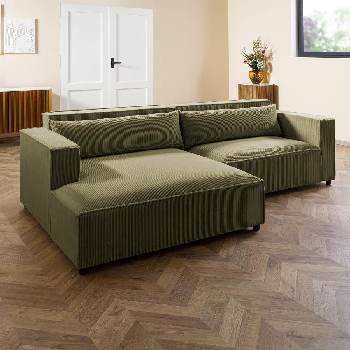 ECKSOFA Ottomane links Cord Velours 266x150x80 grün FINN - Grün, Kunststoff (150/266cm) - Massivmoebel24