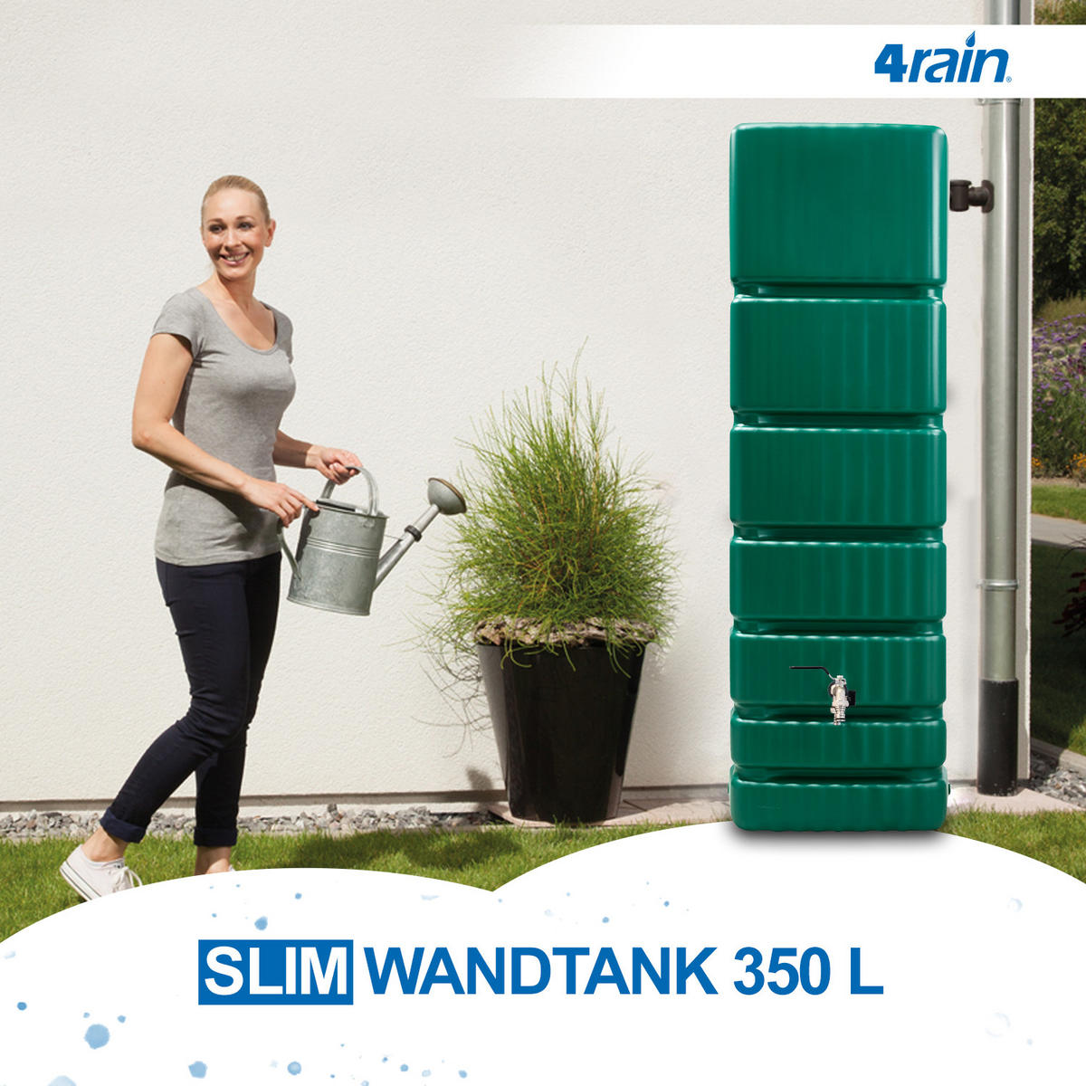 REGENTONNE Wandtank Komplett-Set 350 L, dunkelgrün inkl. Chrom-Doppelauslaufhahn und Fallrohranschluss - Grün, Kunststoff (39/184/60cm) - 4rain