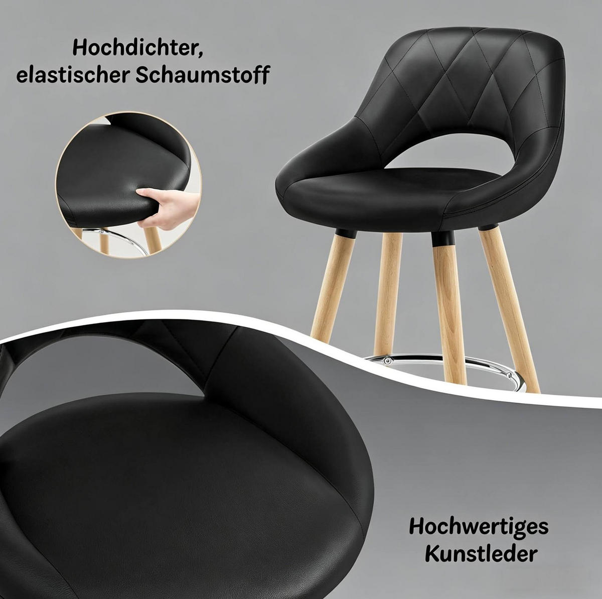 BARHOCKER 68 cm Schwarz mit Rückenlehne aus Kunstleder - Schwarz, Holz (40/70/43cm) - MIVRAY