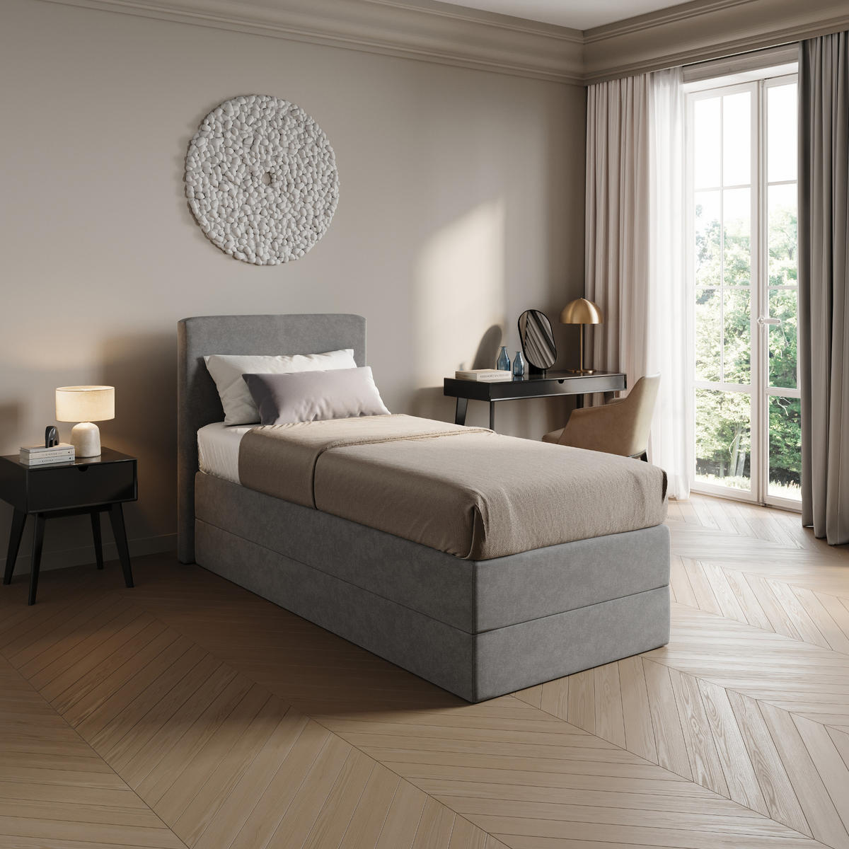 BOXSPRINGBETT mit Bonnell Matratze, mit Kopfteil, 100 x 200 cm, in Grau - Grau, Naturmaterialien (100/200cm) - Home Collective