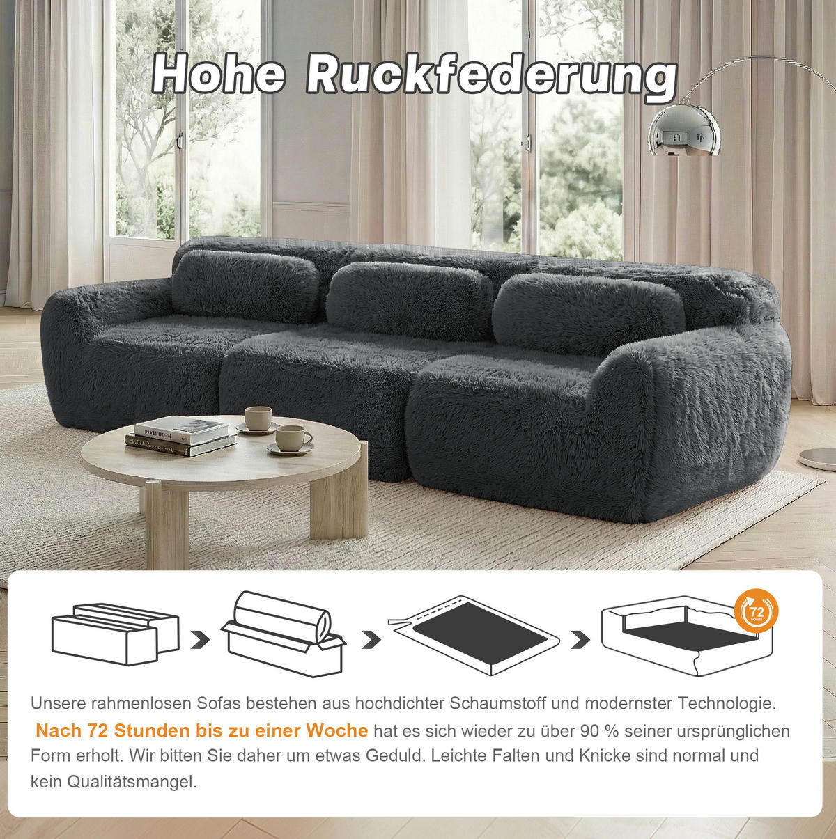 3-SITZER Sofa aus Plüsch mit modularem Design Grau - Grau, Textil (104/73/291cm) - Modenvie